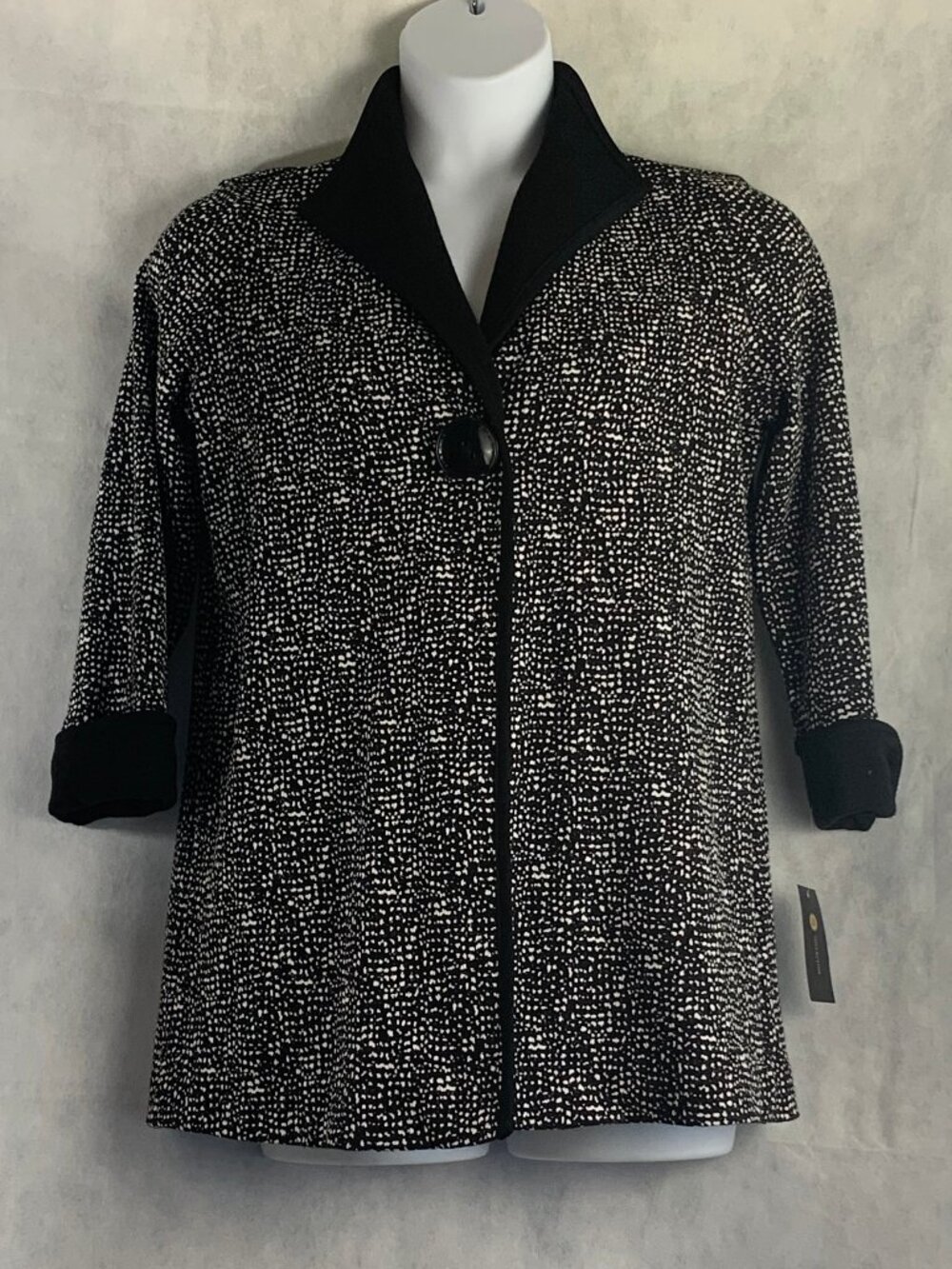 JM Collection Women's Long Jacquard Print Jacket, Black White, Small
